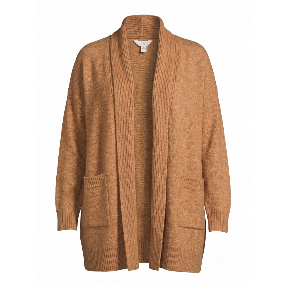Time and Tru Womens XL Camel Brown Open Front Shawl Collar Cardigan Sweater XL